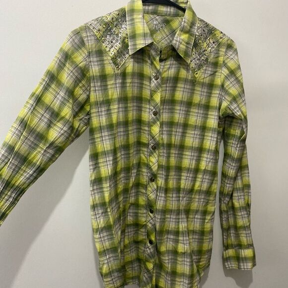 Rock 47 by wrangler cowgirl plaid western rodeo shirt with gems - Picture 1 of 6